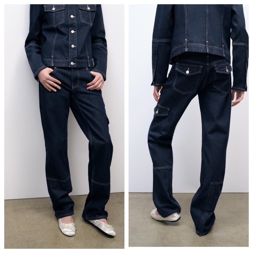 NWOT Zara Slim Cargo Dark Indigo Utility Jeans with Zippers Size 2